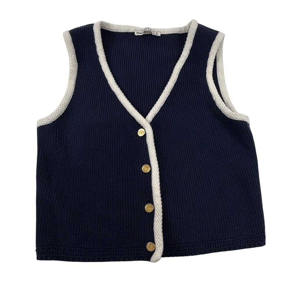 Abercrombie Fitch Navy White Trim Button V Neck Knit Vest Top Women's Small